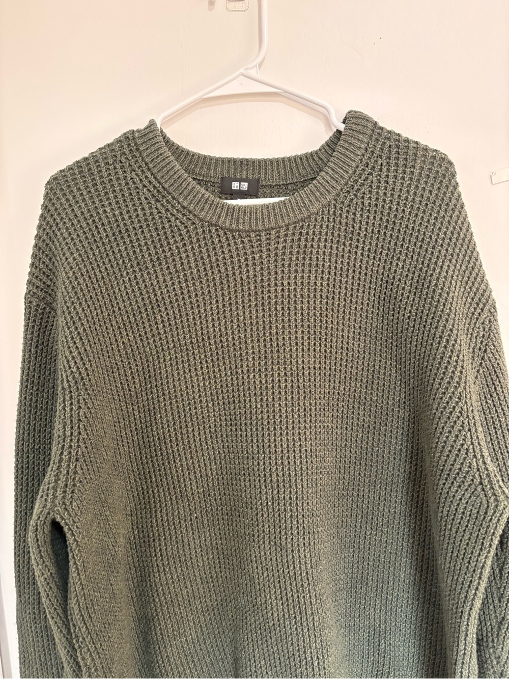 Uniqlo Mens Waffle Knit Crew Neck Sweater Green Cotton Blend XL Preppy - Picture 2 of 8